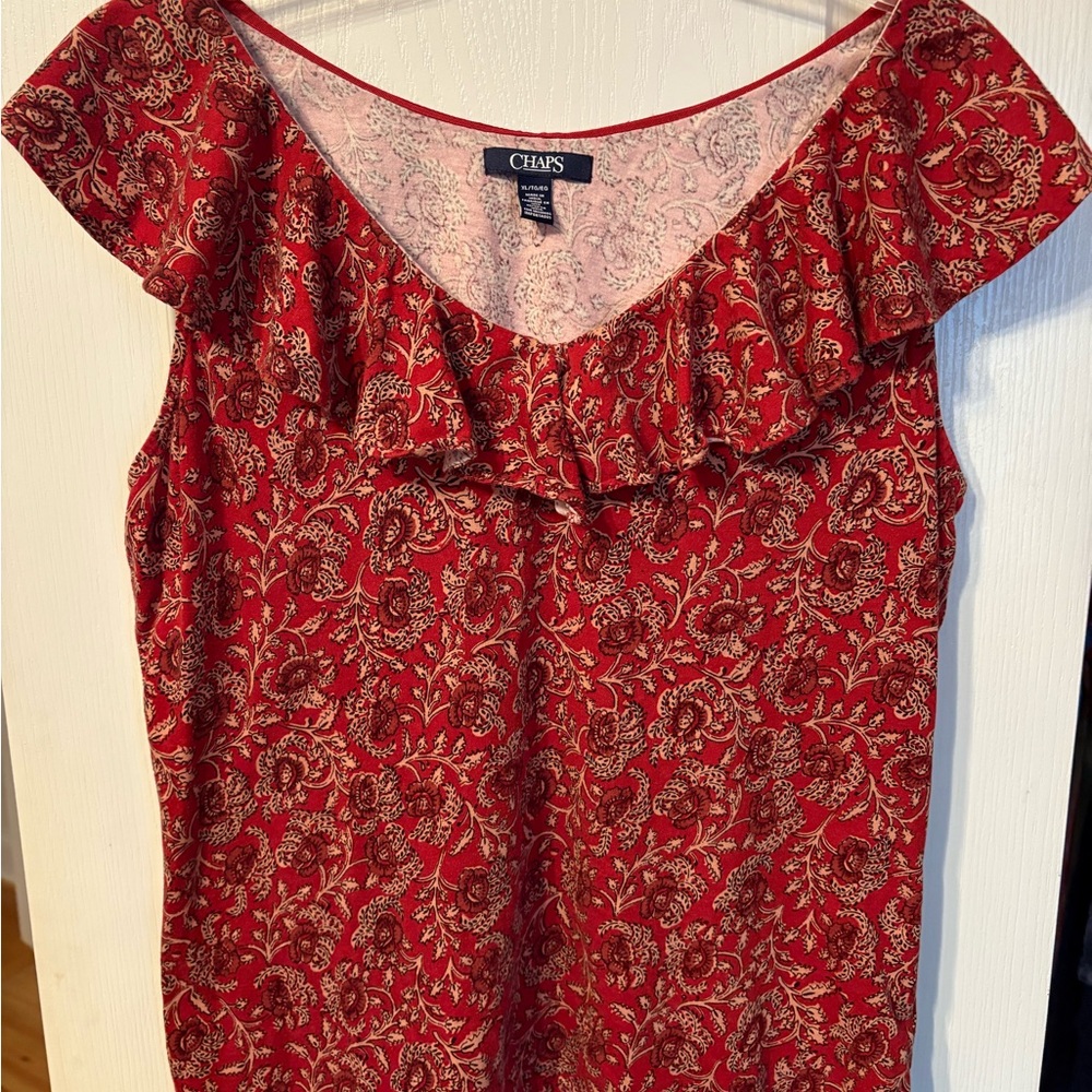 Chaps Red and Black Ruffled Cap Sleeve Blouse